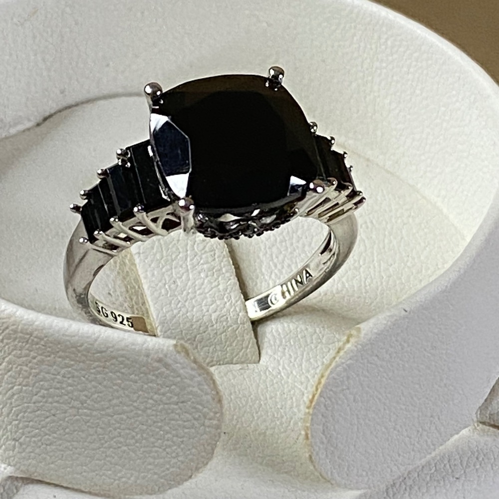 Black Spinel Sterling Silver Ring Square Cushion Baguette Statement 9.24ctw Sz 9
